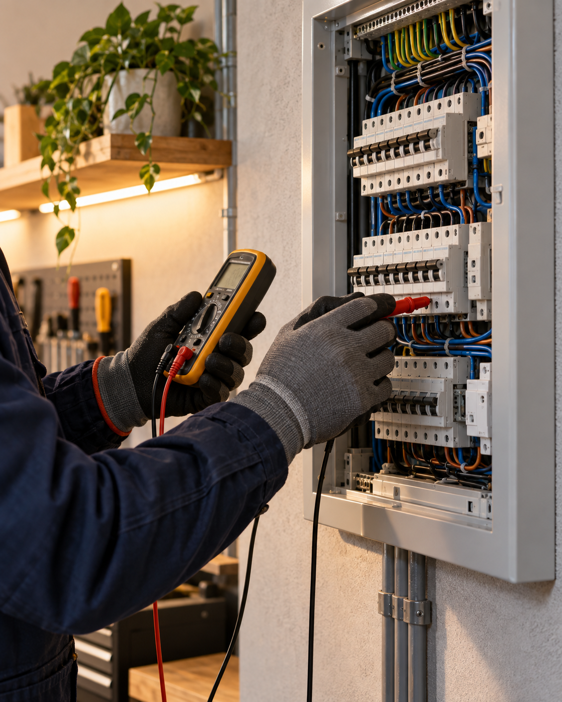 Manos de un electricista revisando un tablero eléctrico. Imagen ilustrativa.