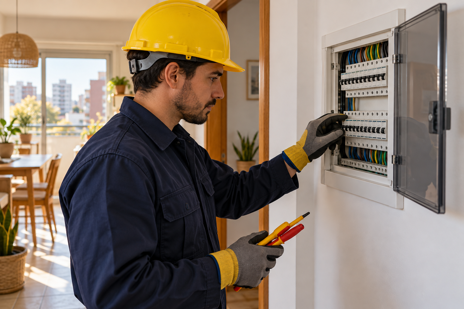 Imagen ilustrativa de un electricista revisando un tablero residencial.